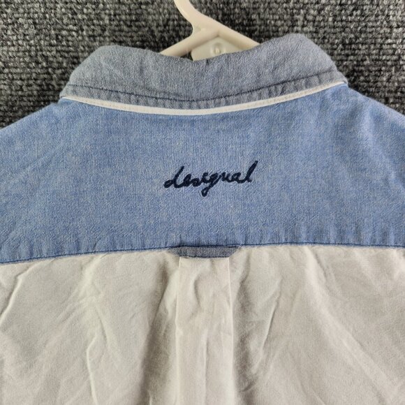 Desigual Regular XL Blue White Colorblock Floral Long Sleeve Button Up Shirt Reg - Picture 16 of 16